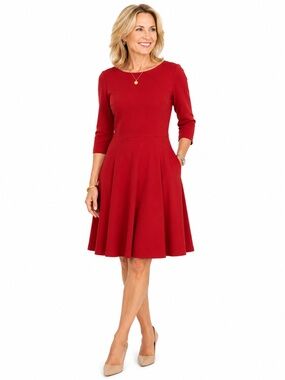 Kate Spade Womens Fit & Flare Dress Size S Red Round Neck Zip 3/4 Sleeve